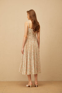 Marion Neutral Floral Print Pleated Midi Dress