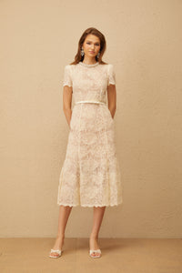 Félicie White Embellished Floral Lace Midi Dress