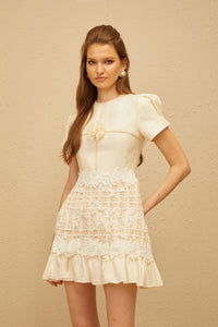 Bianka Neutral Crochet Floral Mini Dress