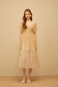 Blanka Neutral Pleated Jacquard Tulle Midi Dress