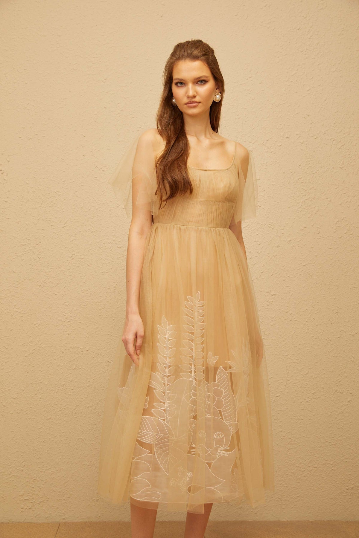 Blanka Neutral Pleated Jacquard Tulle Midi Dress