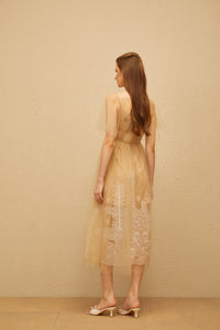 Blanka Neutral Pleated Jacquard Tulle Midi Dress