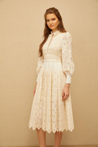 Isabeau Neutral Floral Embroidered Pleated Midi Dress