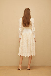 Isabeau Neutral Floral Embroidered Pleated Midi Dress