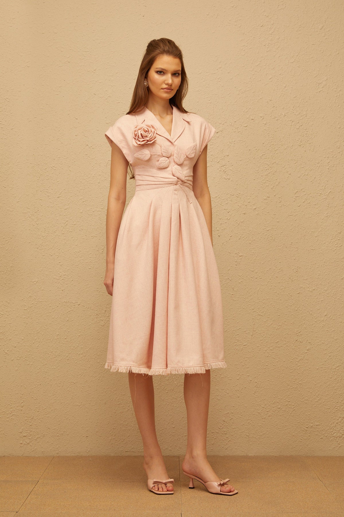 Bernadett Pink 3D Petal Pleated Midi Dress