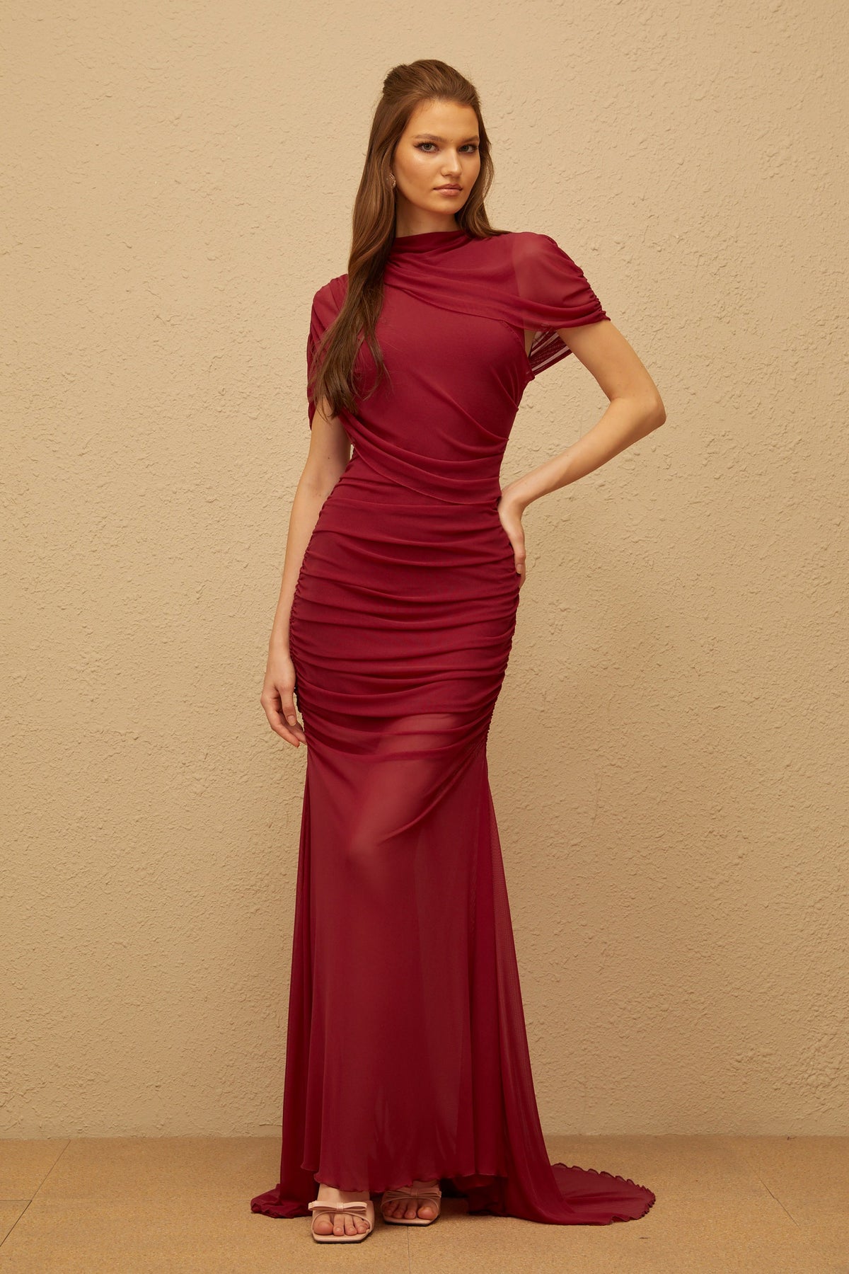 Sylphe Red Asymmetrical Ruched Mesh Maxi Dress