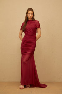 Sylphe Red Asymmetrical Ruched Mesh Maxi Dress