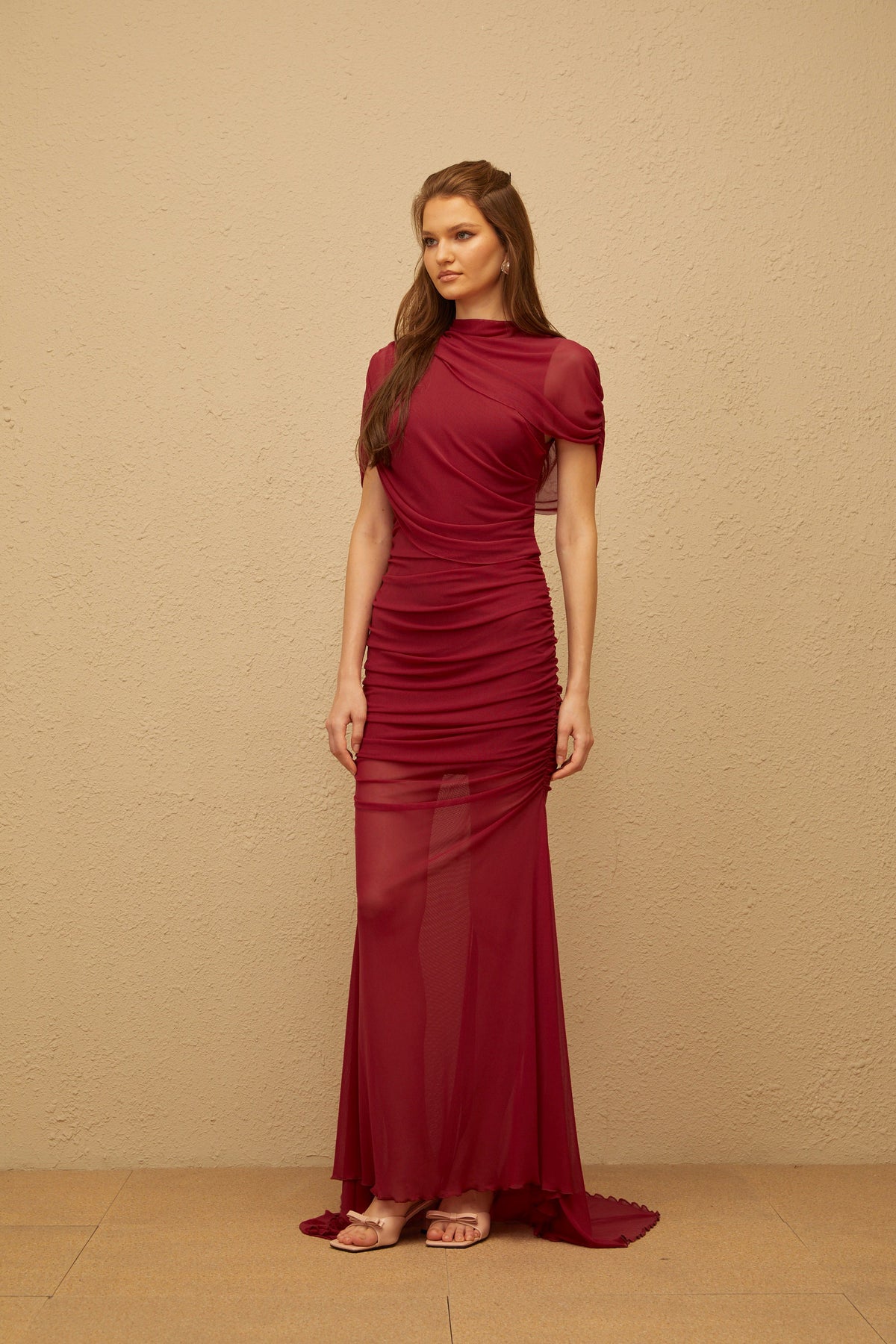 Sylphe Red Asymmetrical Ruched Mesh Maxi Dress