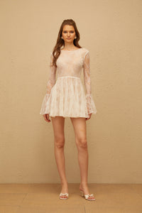 Fernanda White Pleated Floral Lace Mini Dress