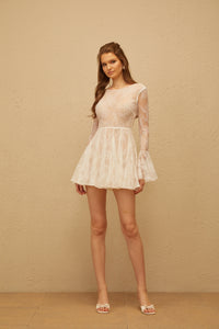 Fernanda White Pleated Floral Lace Mini Dress