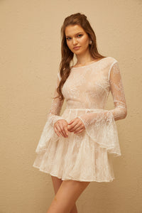 Fernanda White Pleated Floral Lace Mini Dress