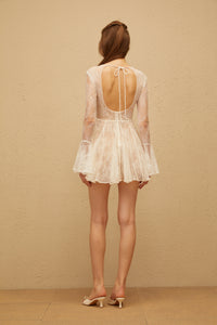 Fernanda White Pleated Floral Lace Mini Dress