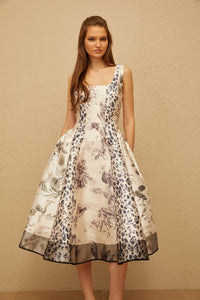 Pénélope Neutral Graphic Print Midi Dress