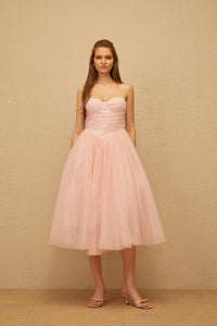 Apolline Pink Pleated Corset Tulle Midi Dress