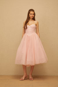 Apolline Pink Pleated Corset Tulle Midi Dress
