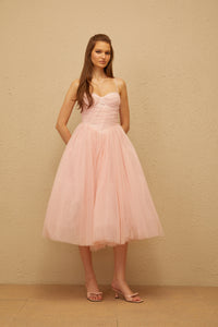 Apolline Pink Pleated Corset Tulle Midi Dress