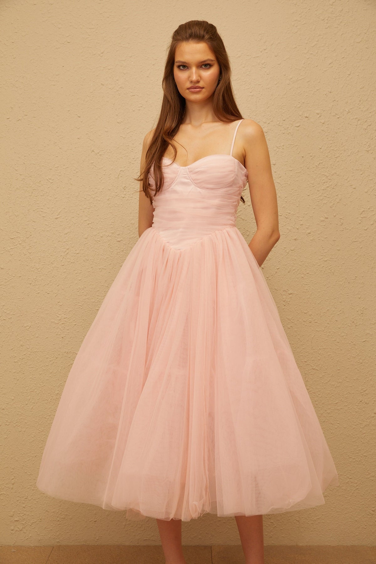 Apolline Pink Pleated Corset Tulle Midi Dress