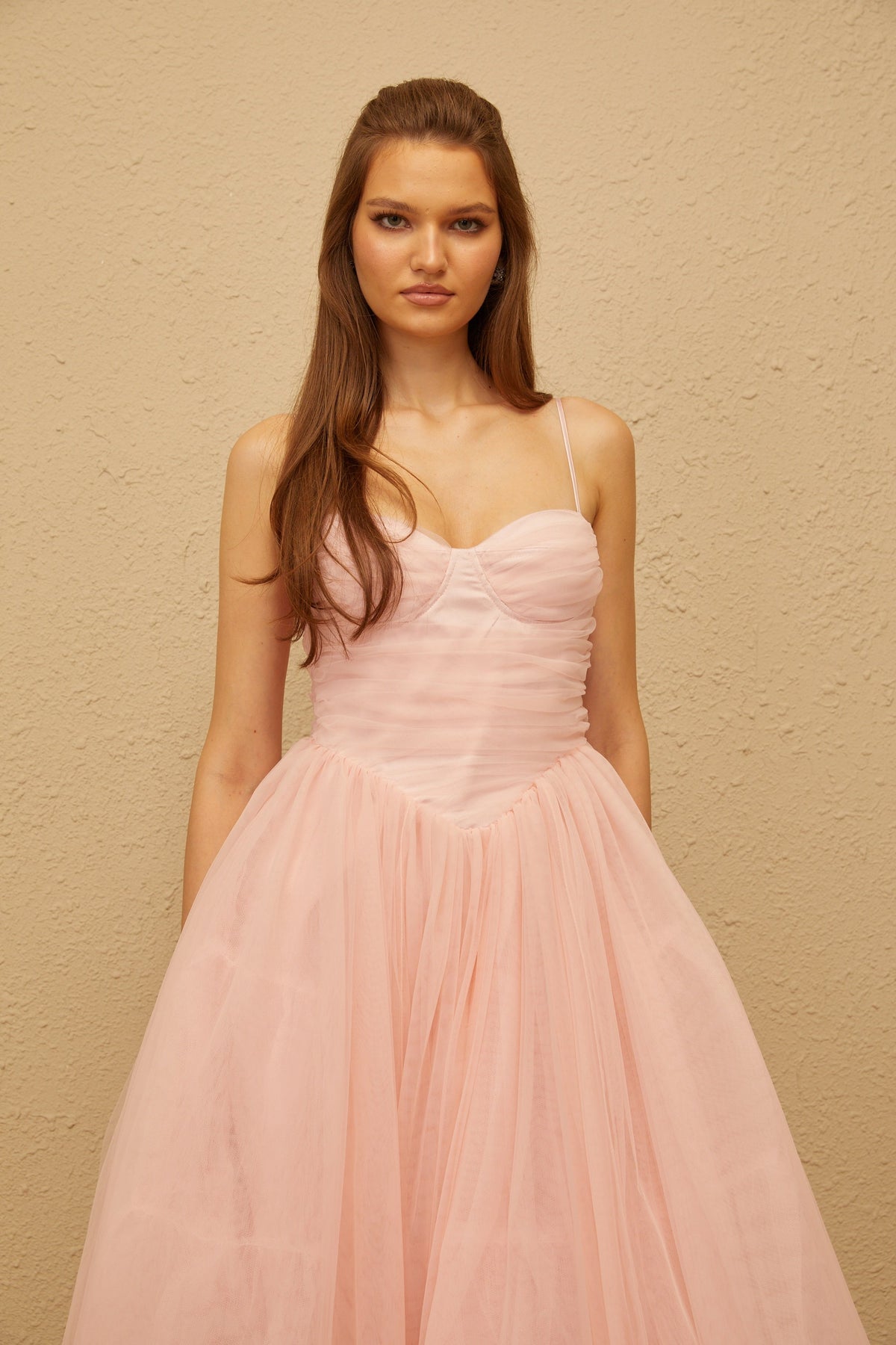 Apolline Pink Pleated Corset Tulle Midi Dress