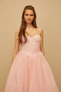 Apolline Pink Pleated Corset Tulle Midi Dress
