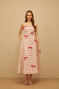 Fabienne Pink Bow Embellished Tweed Midi Dress