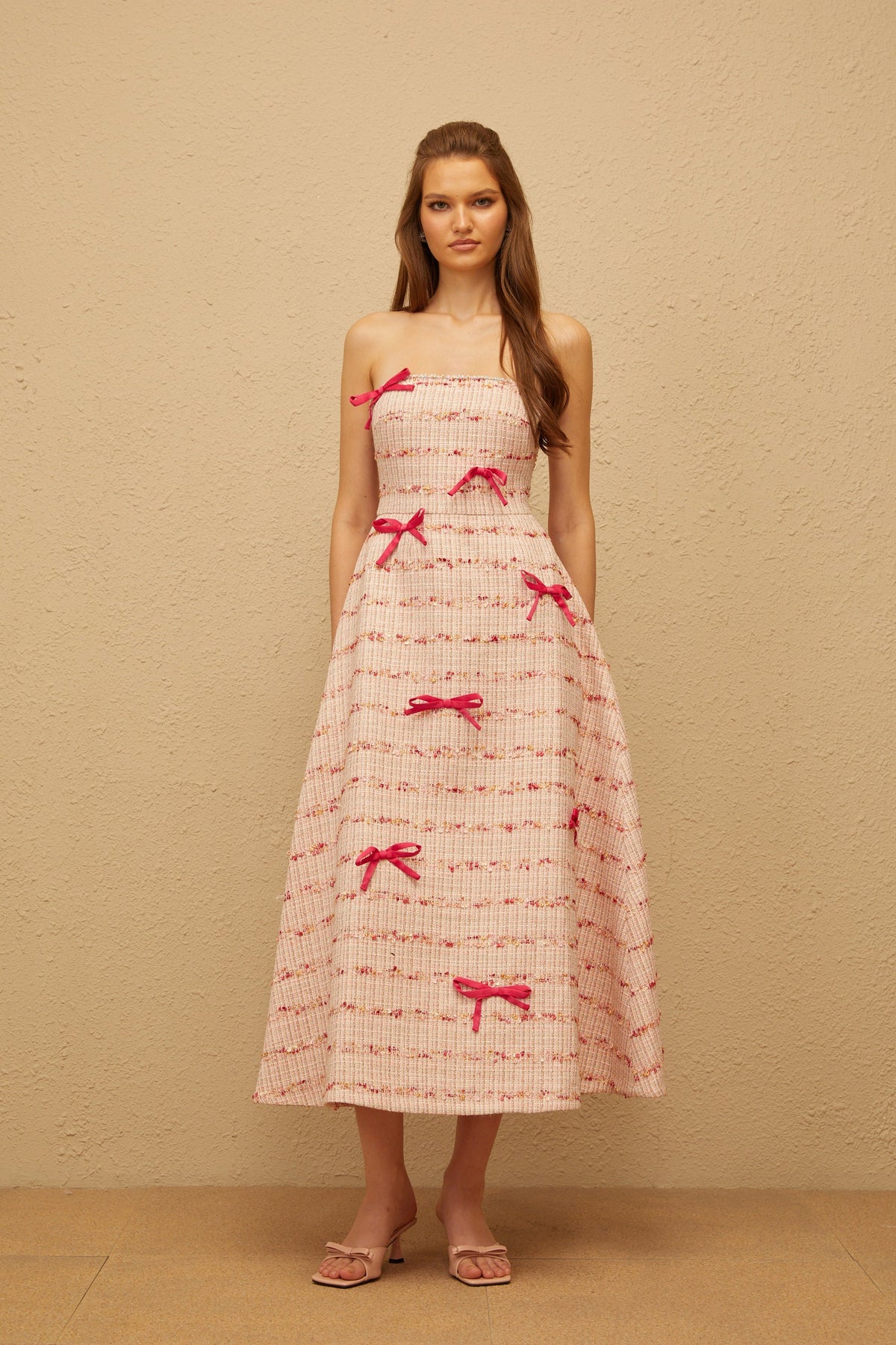 Fabienne Pink Bow Embellished Tweed Midi Dress