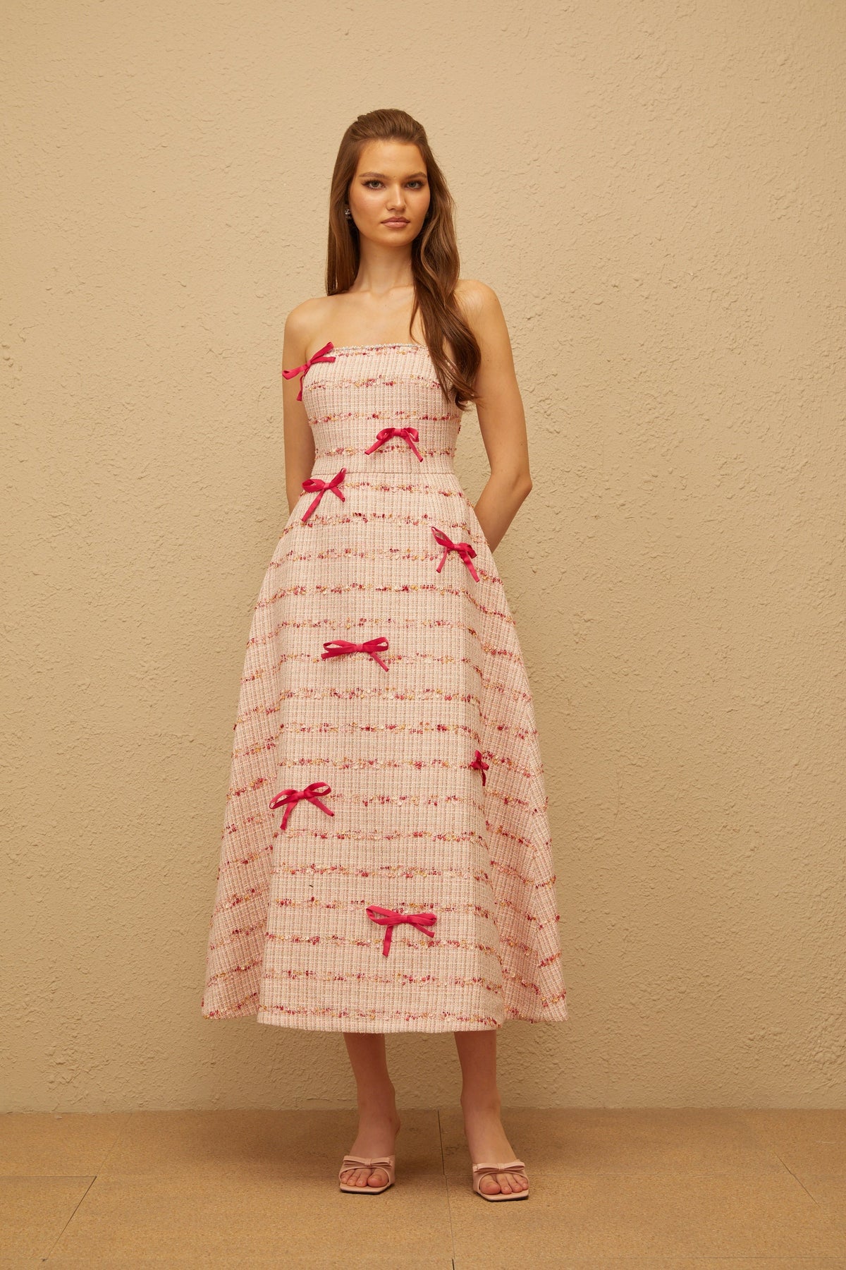 Fabienne Pink Bow Embellished Tweed Midi Dress