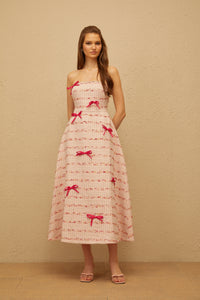 Fabienne Pink Bow Embellished Tweed Midi Dress