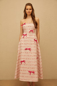 Fabienne Pink Bow Embellished Tweed Midi Dress
