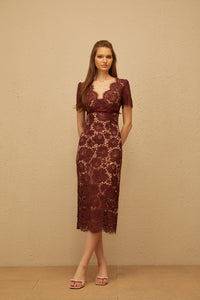 Iris Burgundy Floral Lace Pencil Midi Dress