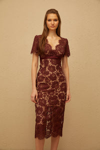 Iris Burgundy Floral Lace Pencil Midi Dress