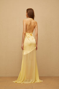 Chantal Yellow Asymmetrical Satin Maxi Dress