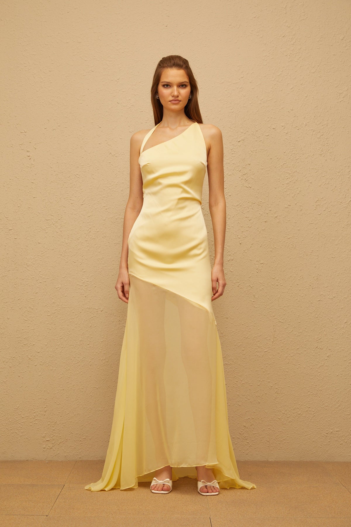 Chantal Yellow Asymmetrical Satin Maxi Dress
