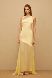 Chantal Yellow Asymmetrical Satin Maxi Dress