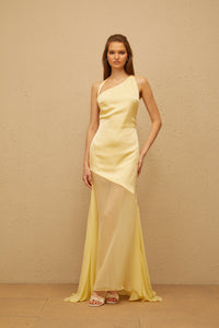 Chantal Yellow Asymmetrical Satin Maxi Dress