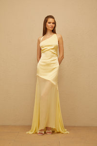 Chantal Yellow Asymmetrical Satin Maxi Dress