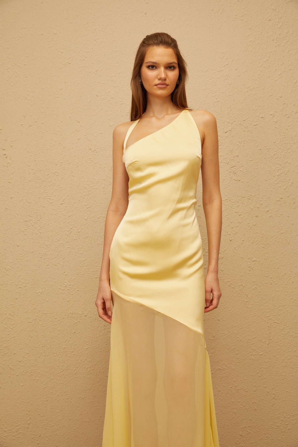 Chantal Yellow Asymmetrical Satin Maxi Dress