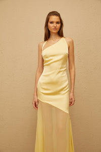 Chantal Yellow Asymmetrical Satin Maxi Dress