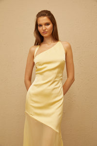 Chantal Yellow Asymmetrical Satin Maxi Dress