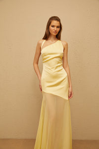 Chantal Yellow Asymmetrical Satin Maxi Dress