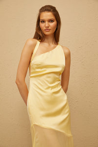 Chantal Yellow Asymmetrical Satin Maxi Dress