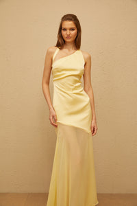 Chantal Yellow Asymmetrical Satin Maxi Dress