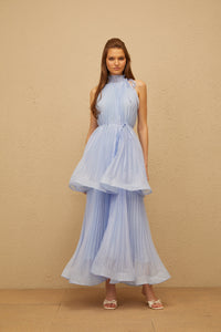 Zélie Blue Flounced Pleated Maxi Dress