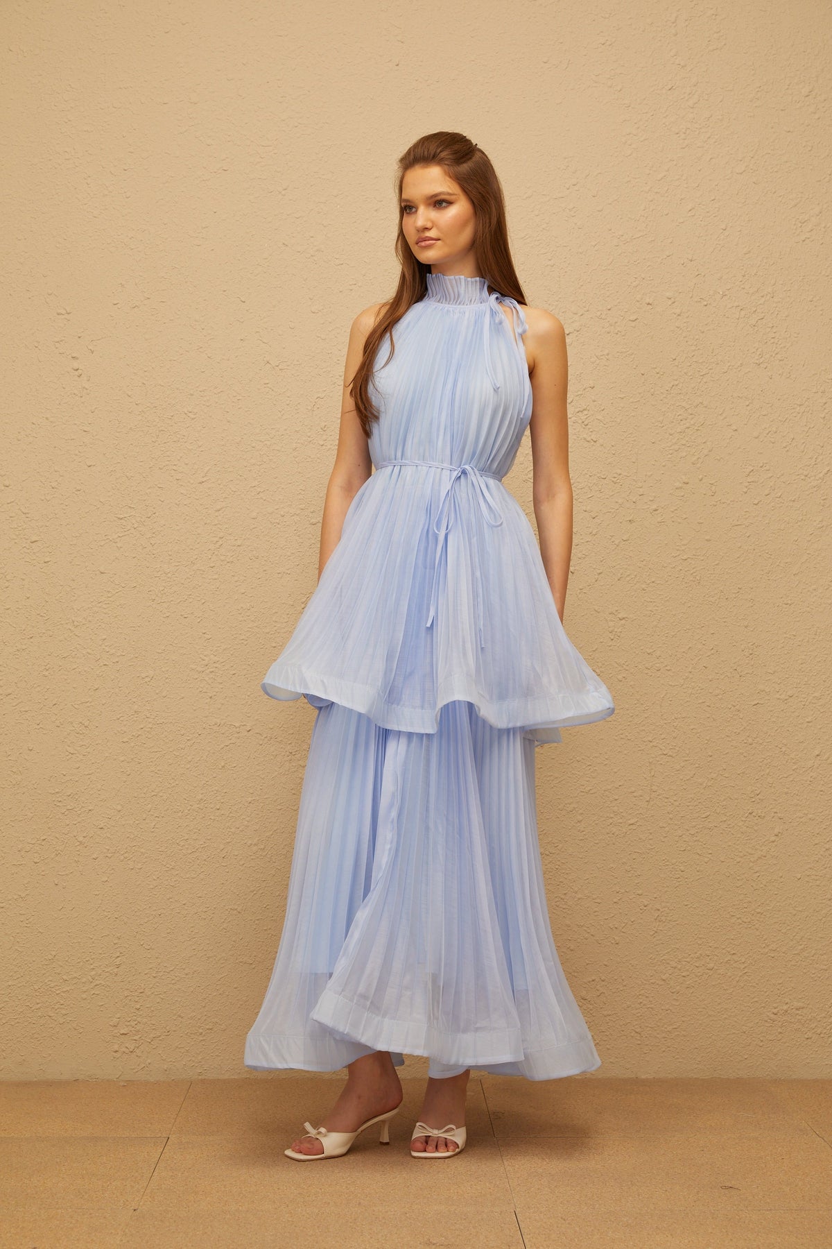 Zélie Blue Flounced Pleated Maxi Dress