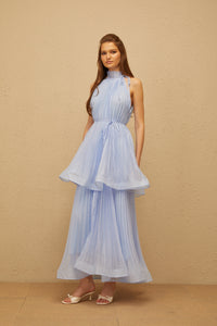 Zélie Blue Flounced Pleated Maxi Dress