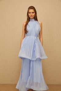 Zélie Blue Flounced Pleated Maxi Dress