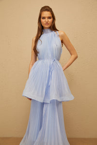 Zélie Blue Flounced Pleated Maxi Dress