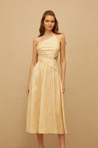 Fabienne Yellow Asymmetrical Striped Midi Dress