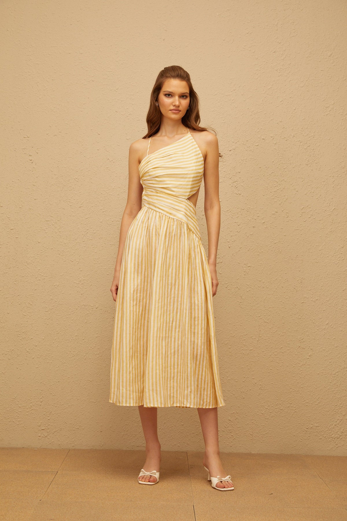 Fabienne Yellow Asymmetrical Striped Midi Dress