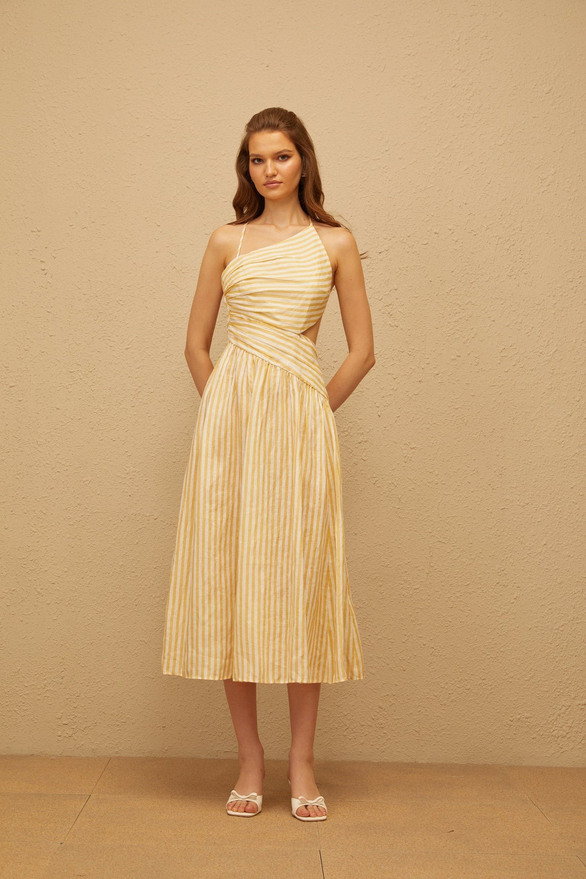 Fabienne Yellow Asymmetrical Striped Midi Dress