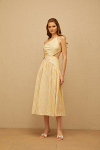 Fabienne Yellow Asymmetrical Striped Midi Dress